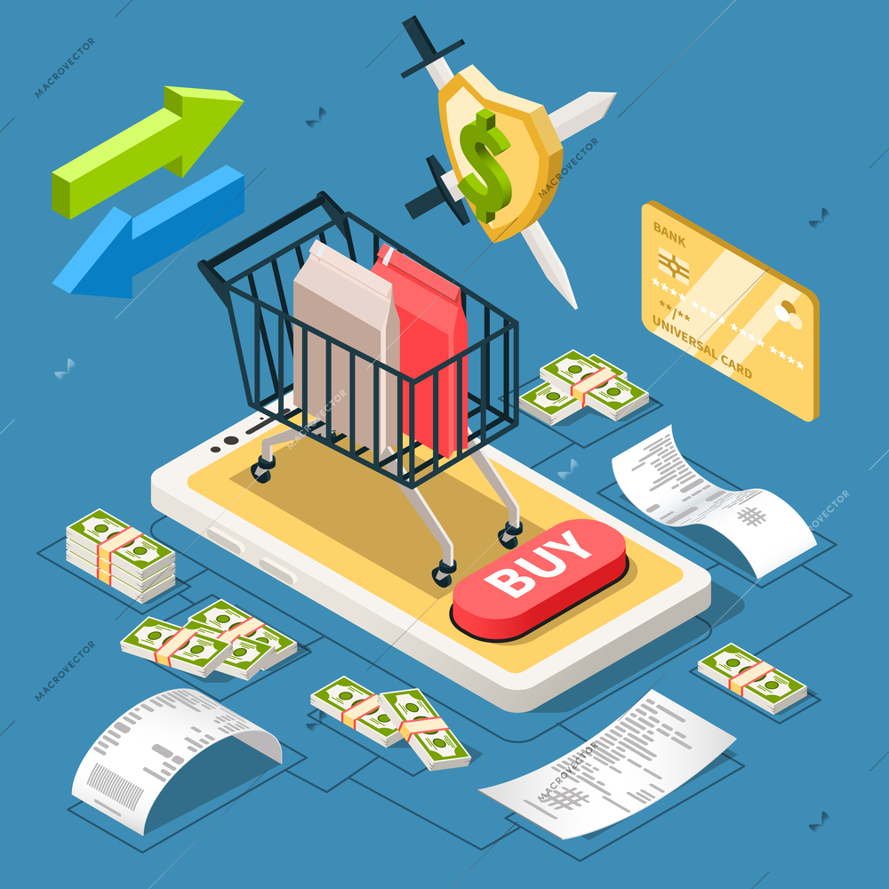 Receipt bill online shopping isometric composition with pictograms and bought goods in trolley cart on smartphone vector illustration