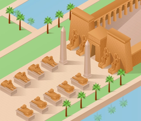 Cultural symbols of ancient egyptian architecture isometric background with sphinx and pharaoh vector illustration