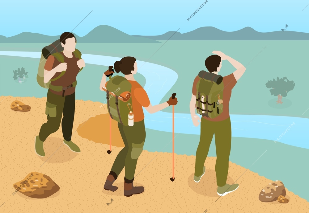 Isometric hiking composition with outdoor wild scenery and three friends with their backpacks and walking sticks vector illustration