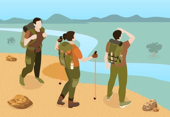 Isometric hiking composition with outdoor wild scenery and three friends with their backpacks and walking sticks vector illustration