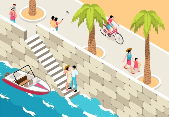 Isometric vacation sea horizontal composition with outdoor promenade scenery with people and stairs to cutter boat vector illustration