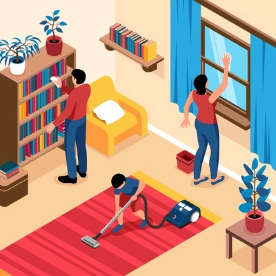 Isometric people cleaning home square composition with view of indoor living room interior parents and child vector illustration