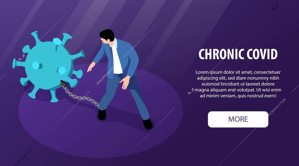 Isometric post covid syndrome horizontal banner with man chained to virus bacteria editable text and button vector illustration