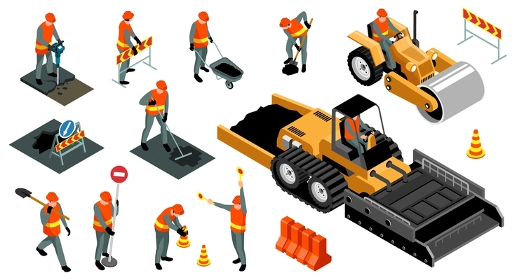 Isometric road repair set with isolated icons of traffic signs machinery characters of repairmen in uniform vector illustration