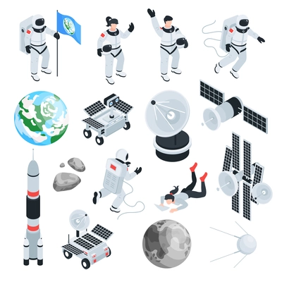 Space isometric set of scientific equipment and astronauts in spacesuits flying in no gravity outer cosmos isolated vector illustration