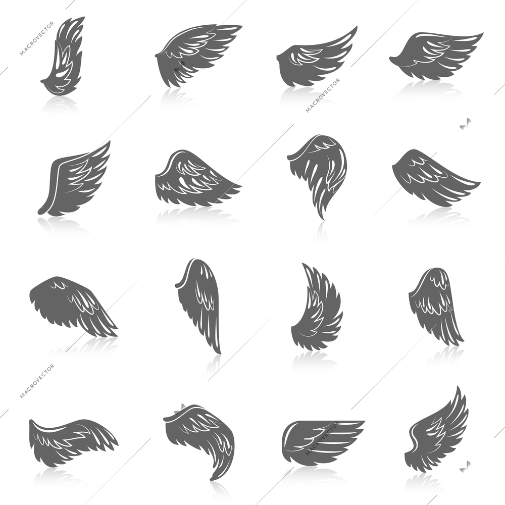 Flying bird wing icons angel symbols black set isolated vector illustration