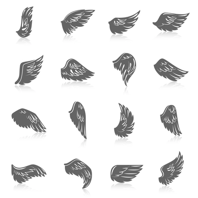 Flying bird wing icons angel symbols black set isolated vector illustration