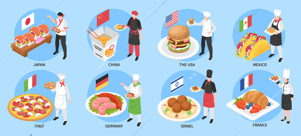 World cuisine isometric set of japan china usa italy germany mexico france israel national dishes isolated vector illustration