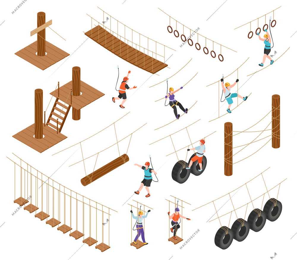 Rope park isometric set of extreme equipment elements so as ropewalk zipline tires walk isolated vector illustration