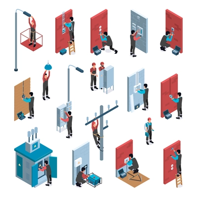 Technician service isometric set with professional workers repairing electric equipment 3d isolated vector illustration