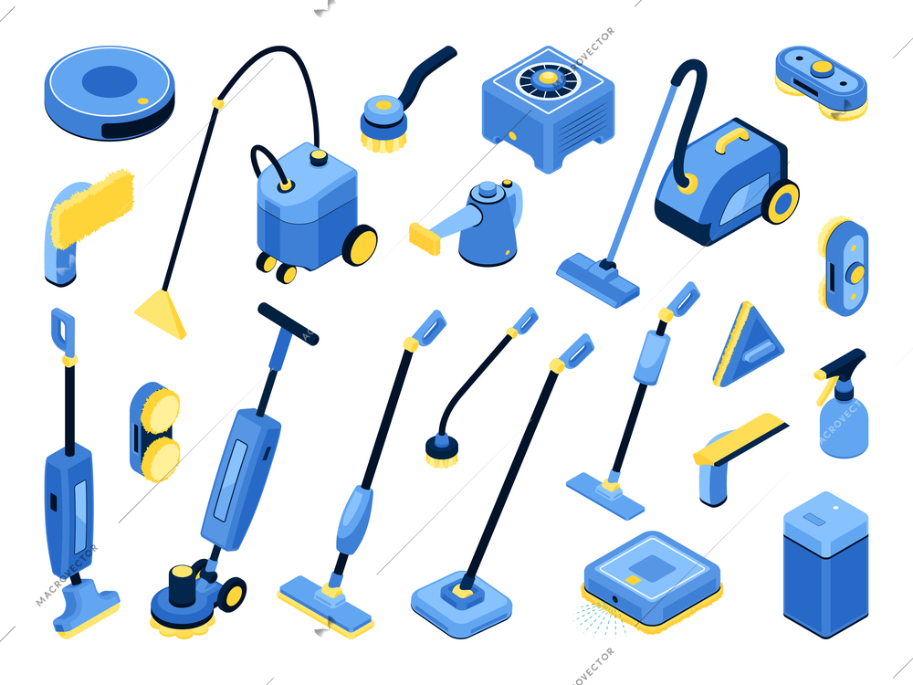 Various robotic and manual cleaning gadgets isometric set with modern vacuum cleaners mops brushes spray bottle isolated 3d vector illustration