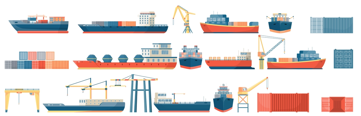 Set of isolated cargo port flat icons with images of colored containers cranes and freight vessels vector illustration