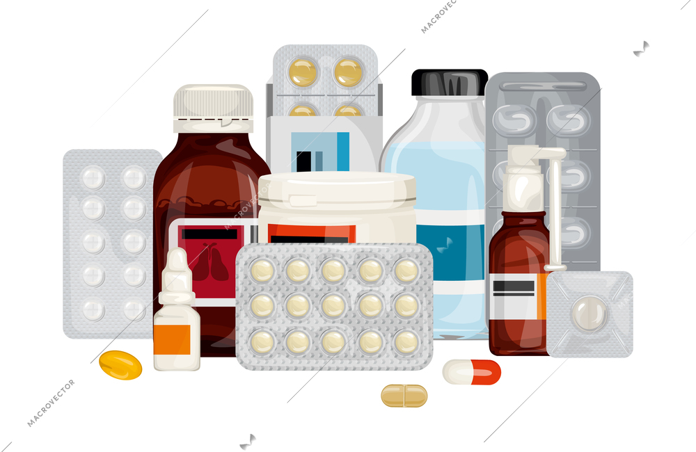 Healthcare medications composition with images of pills in blisters and capsules jars of drops and syrups vector illustration