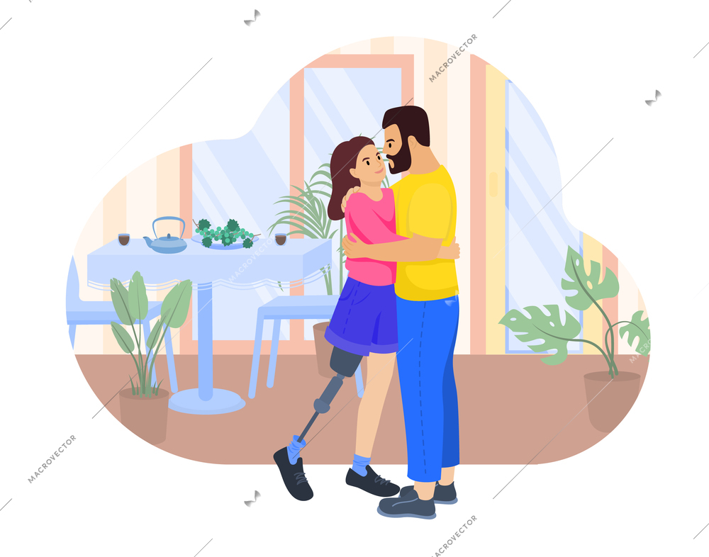 Disable people lifestyle flat composition with home interior and hugging partners with girl having artificial leg vector illustration