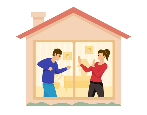 Domestic violence in isolation flat composition with image of house with character of husband beating wife vector illustration
