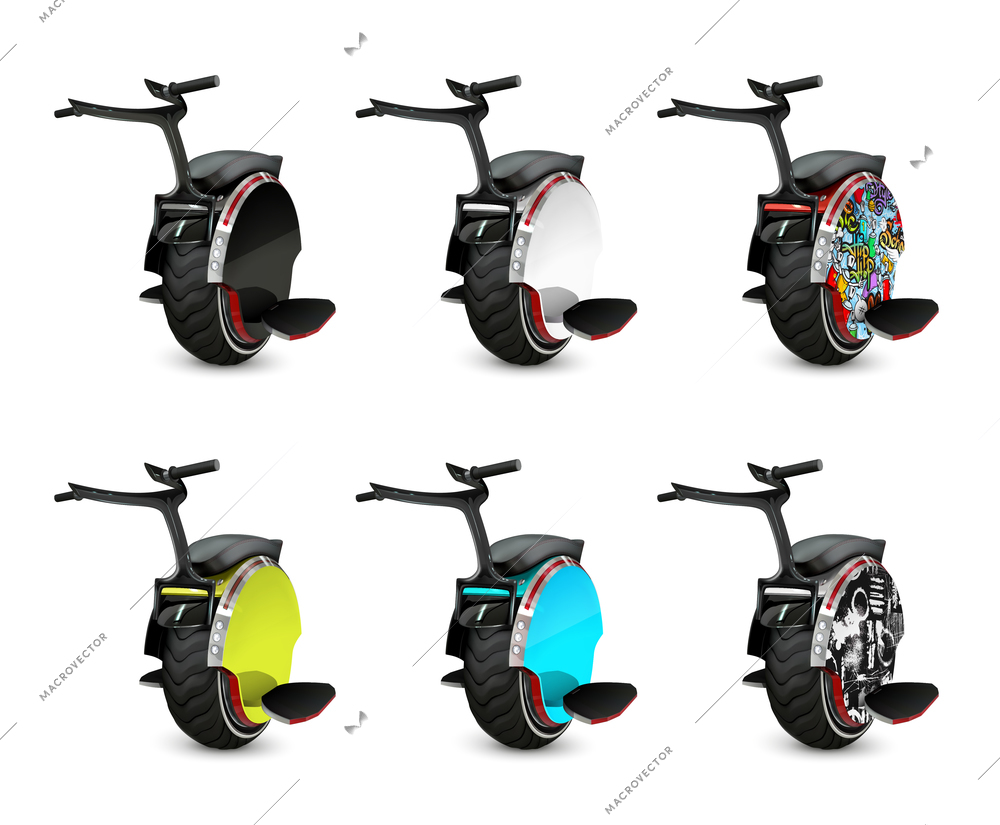 Monowheel color realistic set of isolated icons with images of monocycles with different colorful side artwork vector illustration