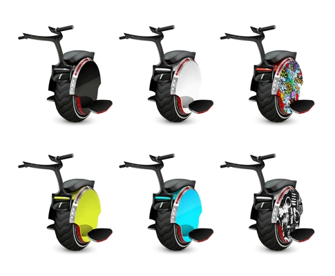 Monowheel color realistic set of isolated icons with images of monocycles with different colorful side artwork vector illustration