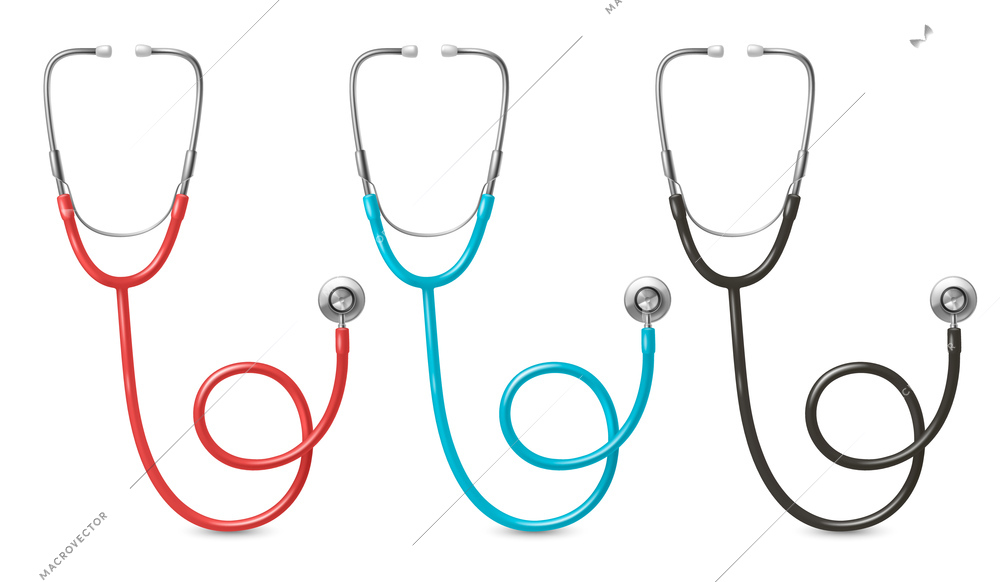 Medical equipment realistic set of three isolated phonendoscopes with red blue and black tubes vector illustration