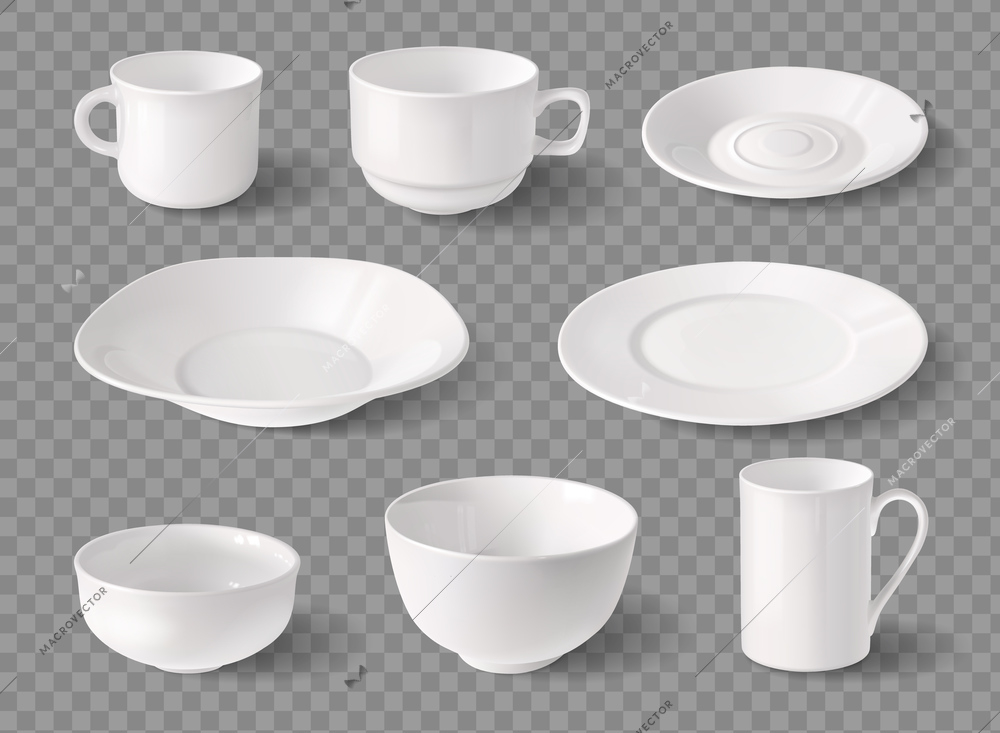 Porcelain dishware realistic mockup set of white cups and plates on transparent background isolated vector illustration