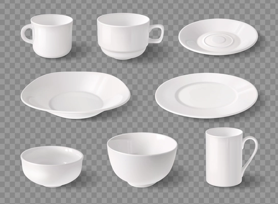 Porcelain dishware realistic mockup set of white cups and plates on transparent background isolated vector illustration