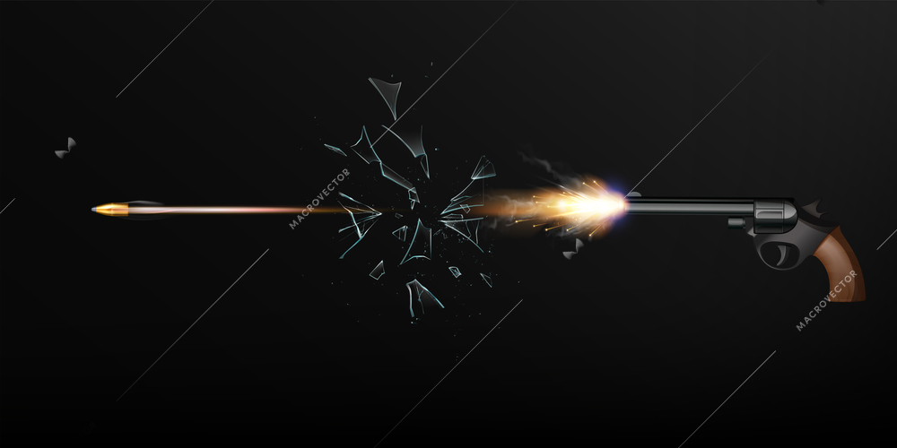 Pistol shot flash with bullet in motion breaking glass on black background realistic vector illustration