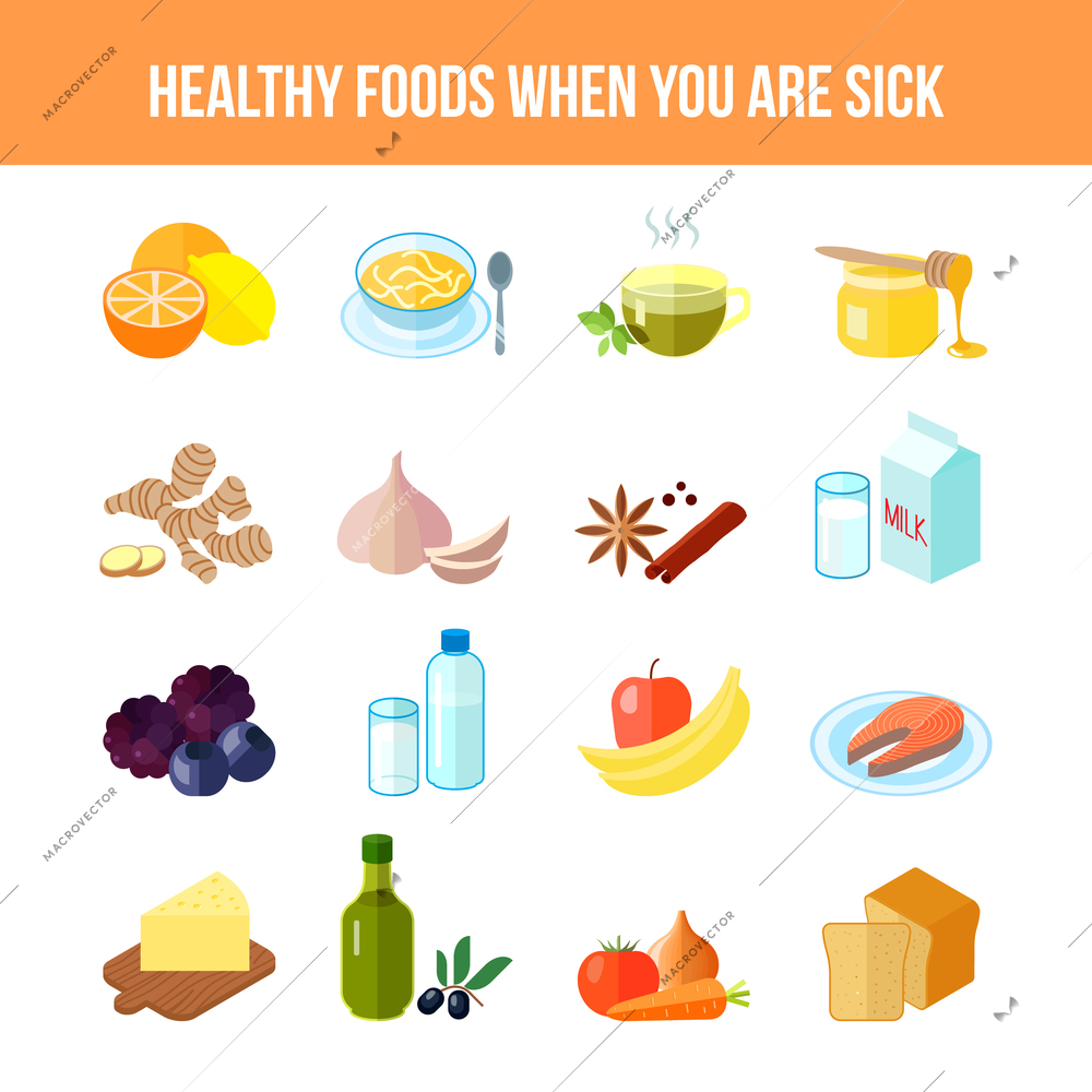 Healthy food for sick people flat icon set with lemon soup tea honey isolated vector illustration