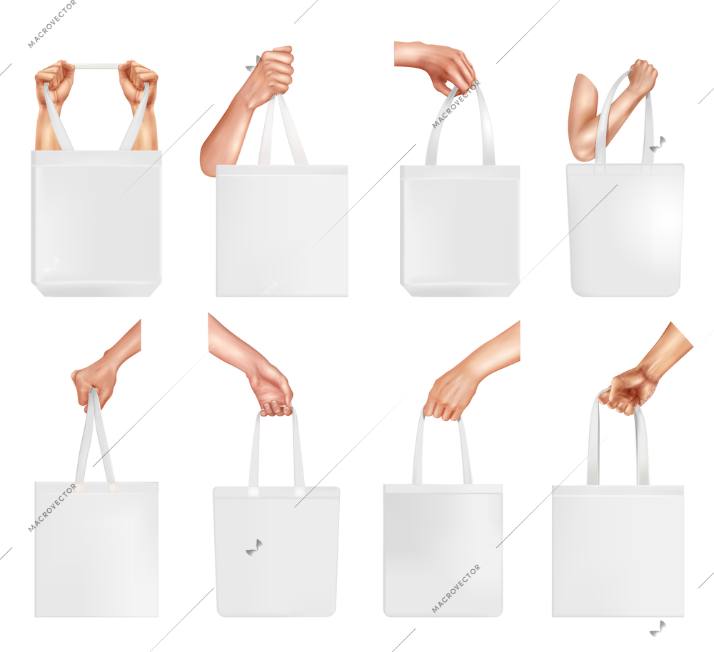 Realistic hand with bag mockup icon set white rag bag on the shoulder in hand from different angles on a white background vector illustration