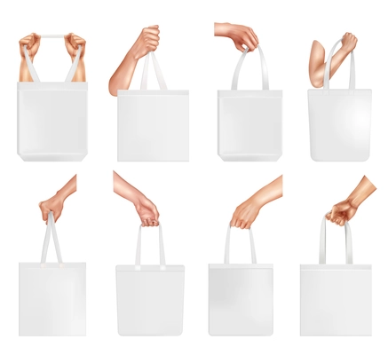 Realistic hand with bag mockup icon set white rag bag on the shoulder in hand from different angles on a white background vector illustration