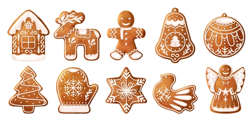 Realistic christmas gingerbread cookies icon set ten cookies of different shapes decorated with white icing vector illustration