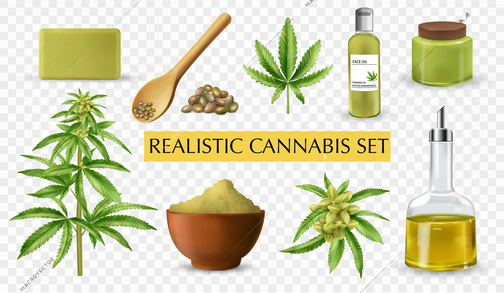 Realistic cannabis transparent icon set soap plant cosmetics oil and flour on transparent background vector illustration