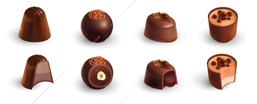 Realistic chocolate stuffed set with isolated icons of ornate choco candies with shadows on blank background vector illustration