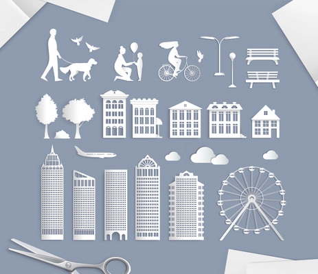 Paper city elements composition with images of sheets scissors and isolated icons of buildings park people vector illustration