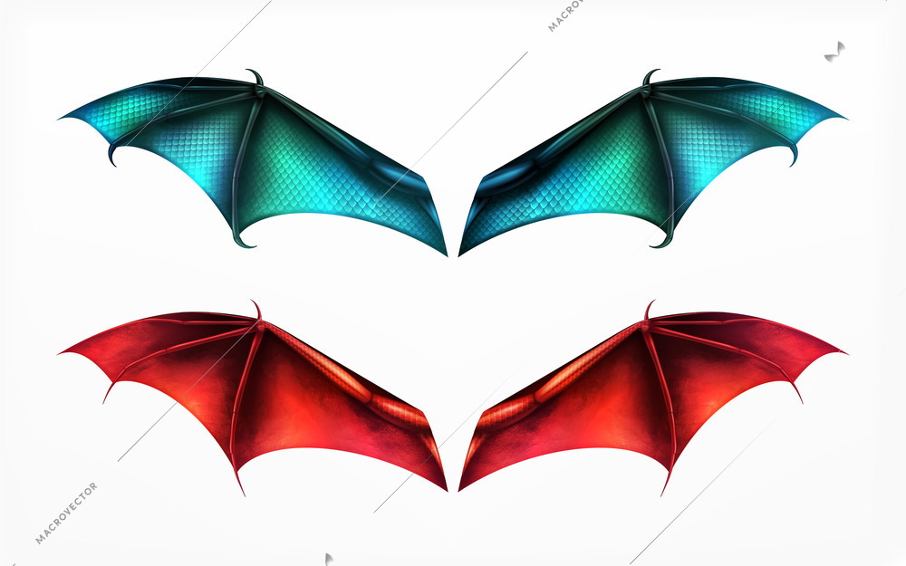 Bat daemon dragon wings realistic set of isolated images with neon colored blue and red wings vector illustration