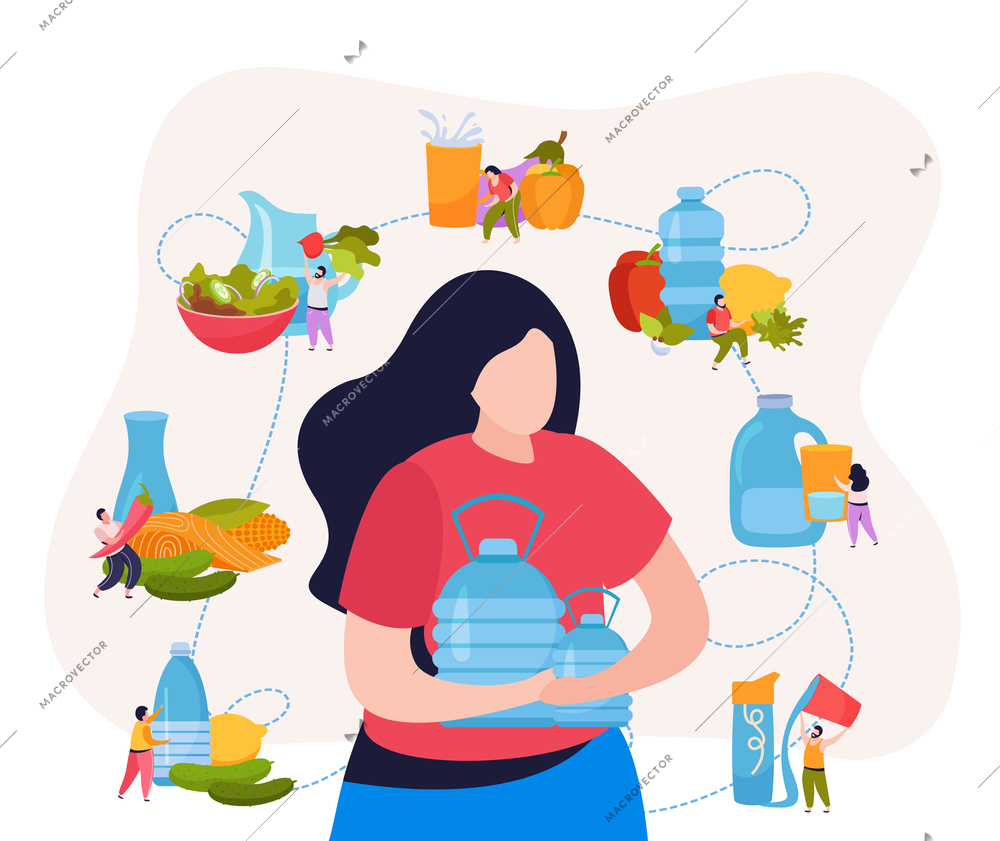 Flat drink water composition young woman with water bottles in her hands and icons around her with water bottle options vector illustration