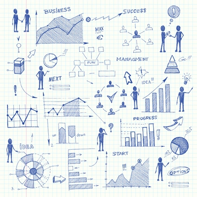 Set of doodle business charts infographics elements isolated vector illustration