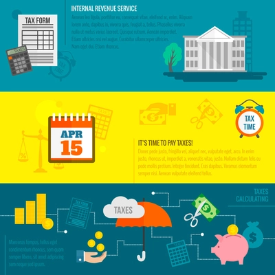 Tax flat banner set with internal revenue service time calculation isolated vector illustration.