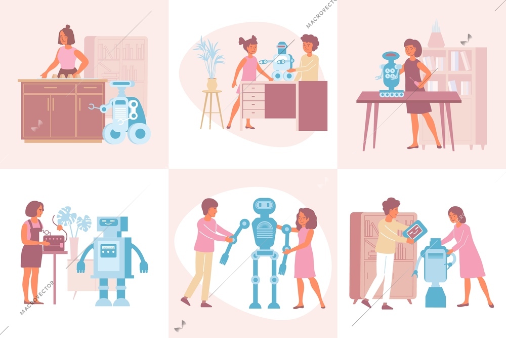Robot set of square compositions with flat human characters performing different tasks with help of robots vector illustration