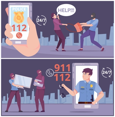Call police horizontal banners with  24 7  advertising of emergency numbers 911 and 112 flat vector illustration