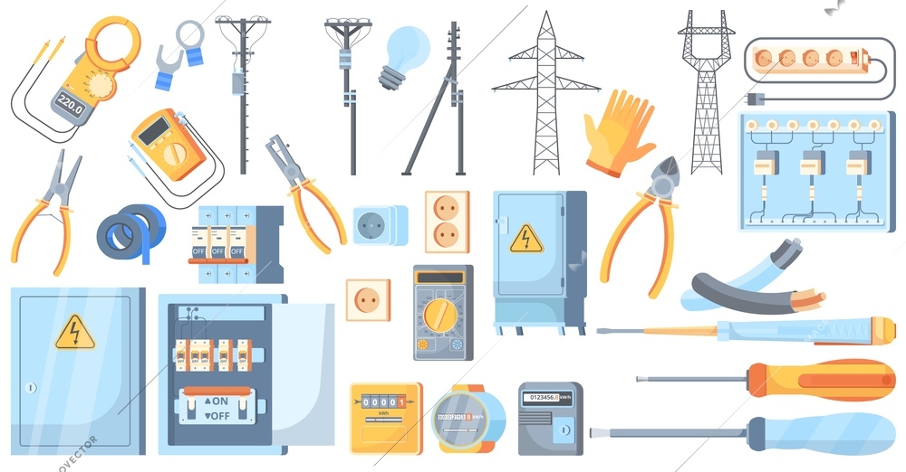 Electricity tools and equipment set with  meter pliers screwdrivers  electric switchboard box power switcher rosette flat vector illustration