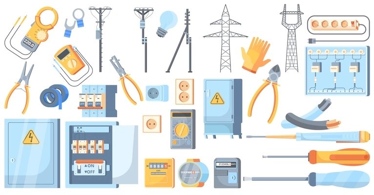 Electricity tools and equipment set with  meter pliers screwdrivers  electric switchboard box power switcher rosette flat vector illustration