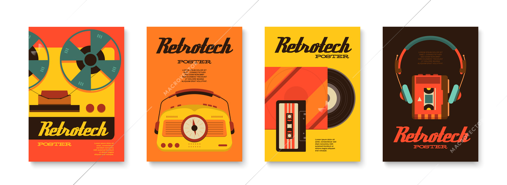 Retro technology set of four vertical posters with ornate text images of cassettes vinyl and tape vector illustration