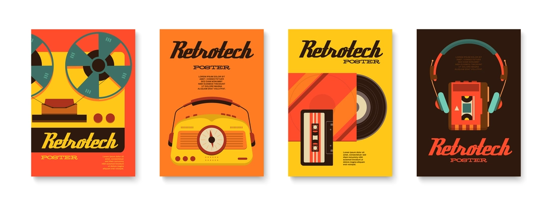 Retro technology set of four vertical posters with ornate text images of cassettes vinyl and tape vector illustration
