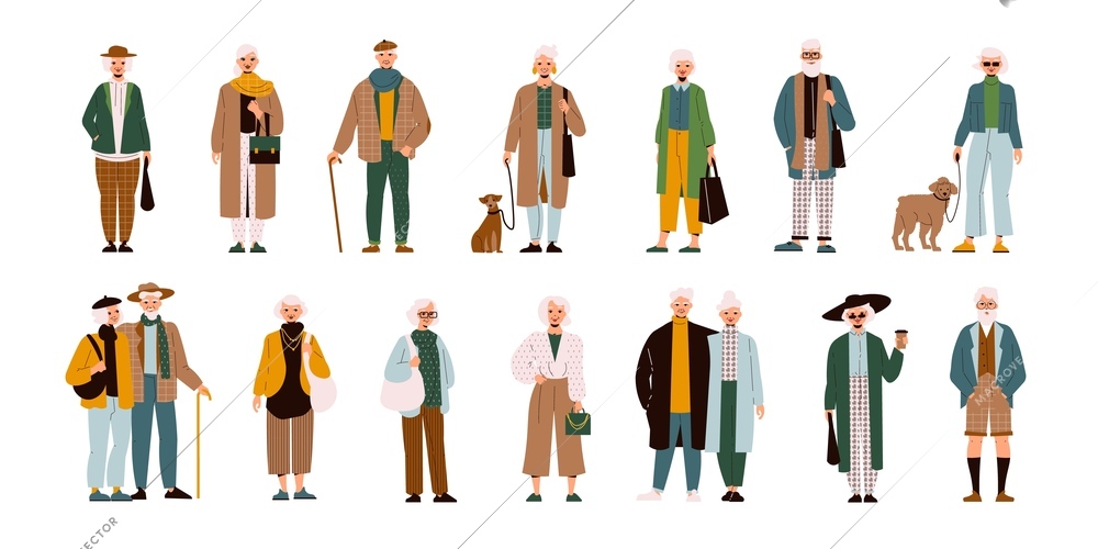 Senior modern fashion set with coat and jacket flat isolated vector illustration