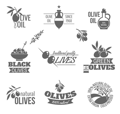 Natural organic green and black olives traditional quality oil black label set isolated vector illustration