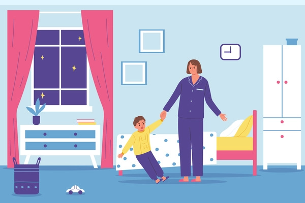 Angry mum and crying naughty child who refuses to go to sleep in bedroom flat vector illustration