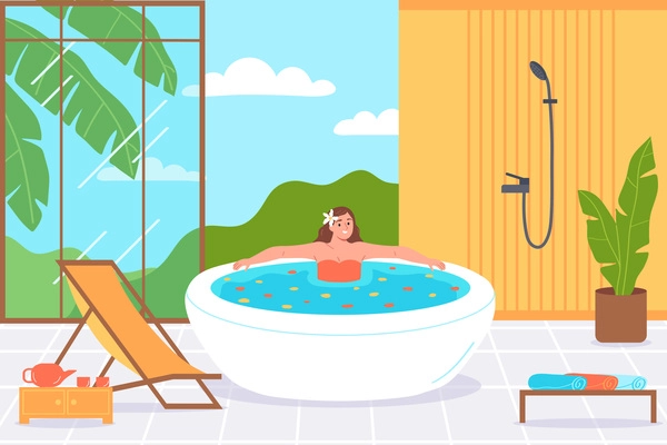 Relaxed woman bathing in spa tub with flower petals in spacious room with shower lounge and panoramic window flat vector illustration