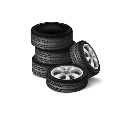 Tires seasonal complete set realistic design concept on white background monochrome vector illustration