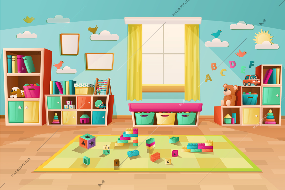 Kindergarten playroom interior colored background with furniture toys and books cartoon vector illustration