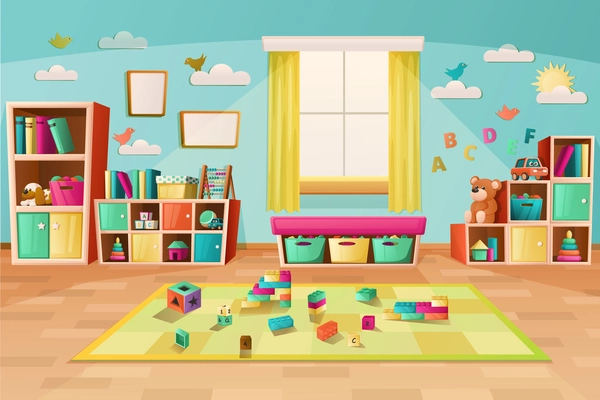 Kindergarten playroom interior colored background with furniture toys and books cartoon vector illustration