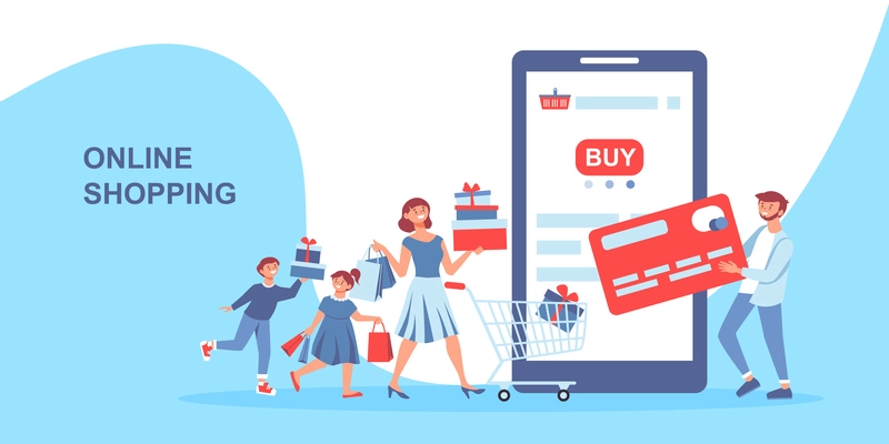Shopping composition with editable text and smartphone with credit card and family characters with trolley cart vector illustration